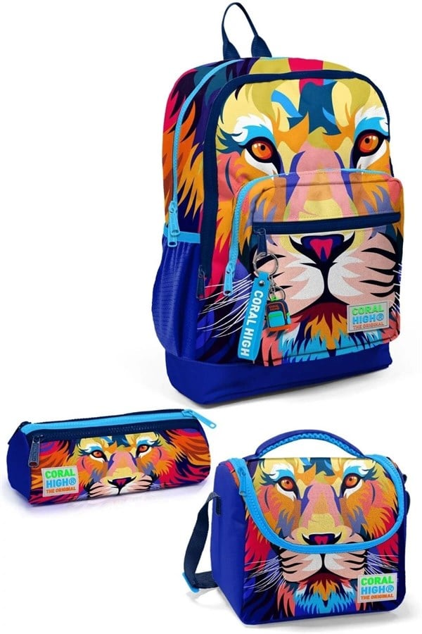 Coral High Kids Lacivert Saks Aslan Desenli 3lü Okul Çanta Seti SET0123741