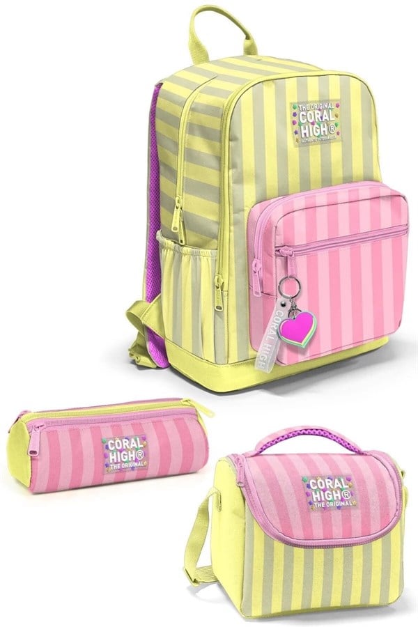 Coral High Pembe Sarı Çizgi Desenli 3lü Okul Çanta Seti SET0133223 
