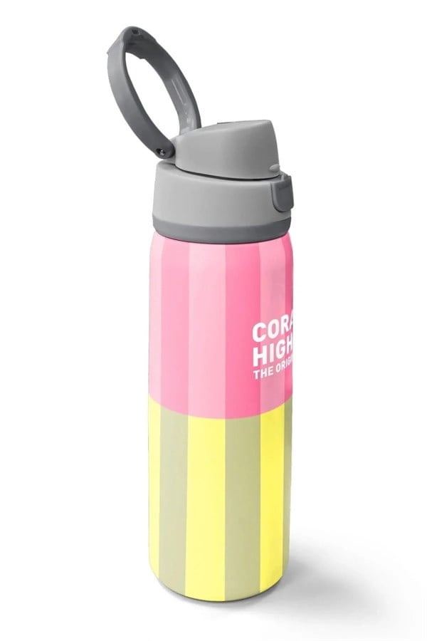 Coral High Pembe Sarı Çizgi Desenli Pipetli ve Direkt İçim Çelik Termos 800 ml 38501