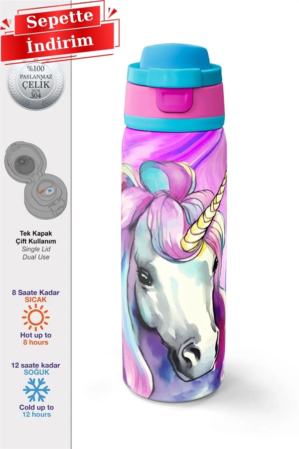 Coral High Pembe Unicorn Desenli Pipetli ve Direkt İçim Çelik Termos 800 ml 38523 
