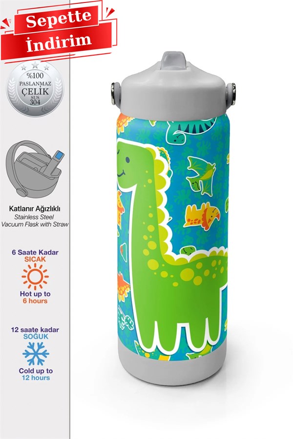 Coral High Yeşil Mavi Dinozor Desenli Katlanır Ağızlıklı Çelik Termos 650 ml 38395