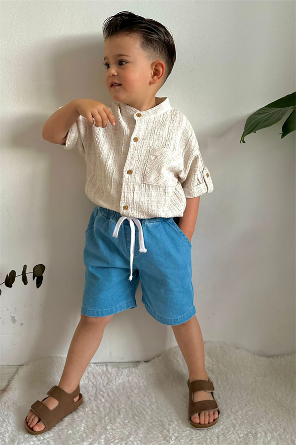 Denim Şort Gömlek Mavi Takım