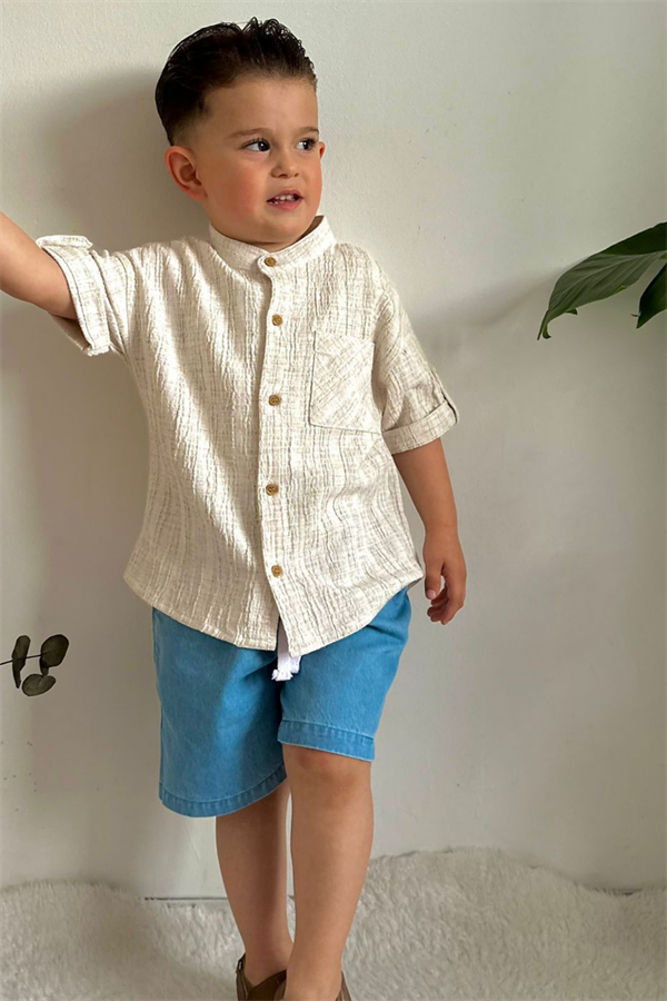 Denim Şort Gömlek Mavi Takım