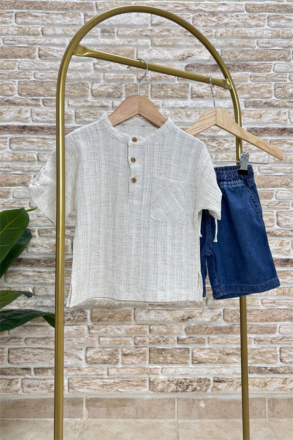 Denim Şort Gömlek Yaka Takım