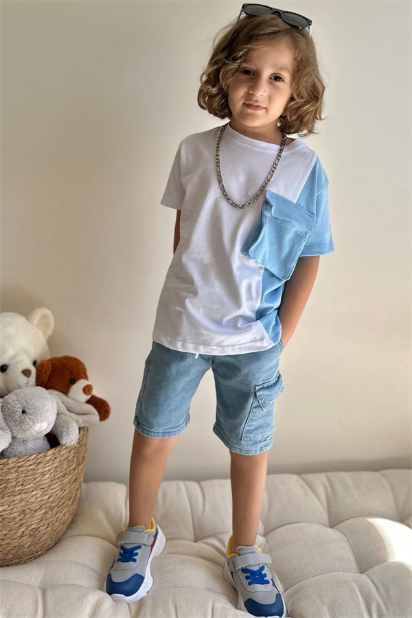 Denim Şort Tshirt Mavi Cepli  Takım
