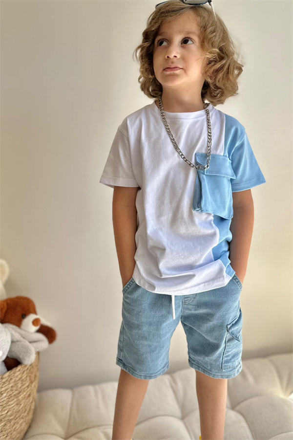Denim Şort Tshirt Mavi Cepli  Takım