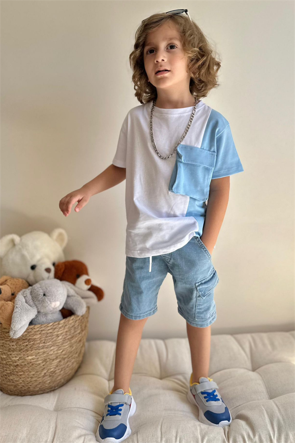 Denim Şort Tshirt Mavi Cepli  Takım