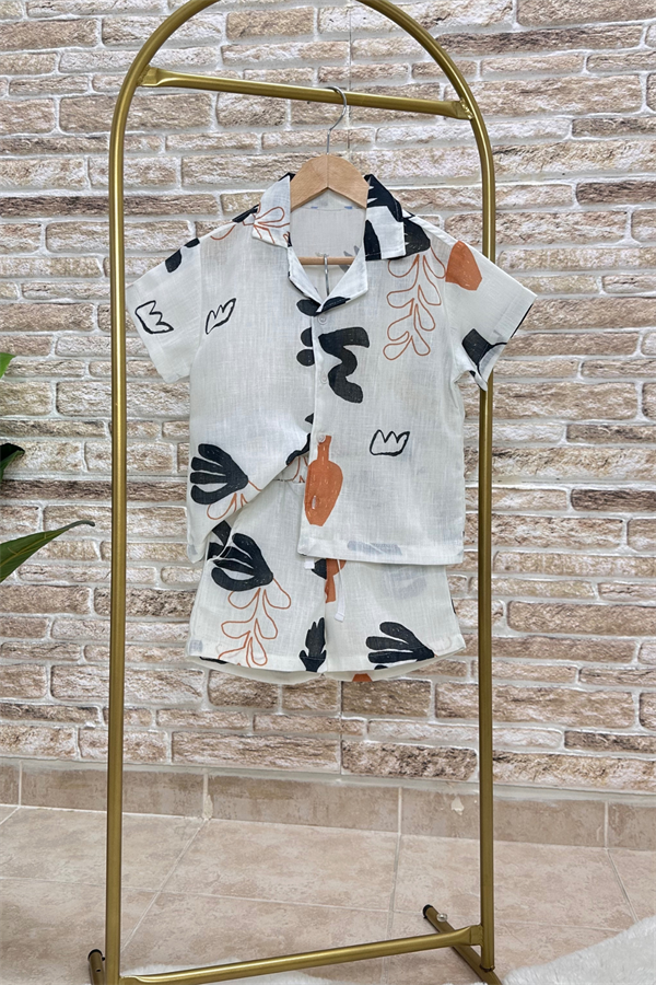 Desenli Gömlekli Keten Şortlu Takım