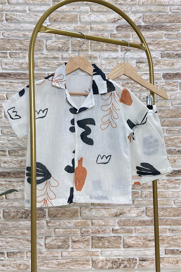 Desenli Gömlekli Keten Şortlu Takım