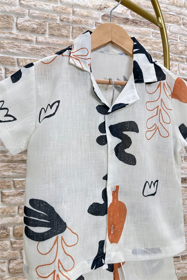 Desenli Gömlekli Keten Şortlu Takım