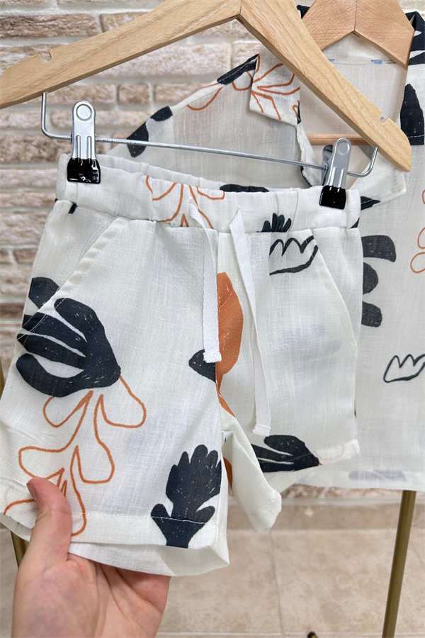 Desenli Gömlekli Keten Şortlu Takım