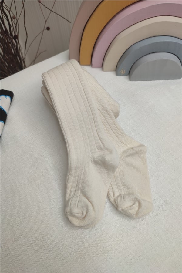 Düz Krem Fitilli Külotlu Çorap