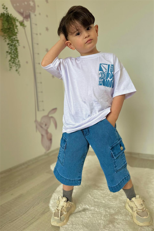 Erkek Bermuda Jean Şort Tshirt Takım 