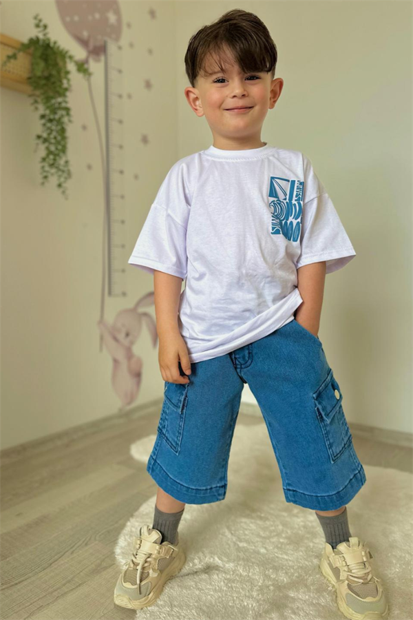 Erkek Bermuda Jean Şort Tshirt Takım 