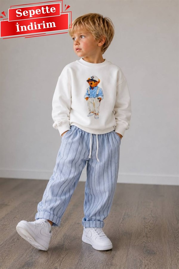 Erkek Çocuk 2 İplik Pantolon Keten Teddy Mavi Takım
