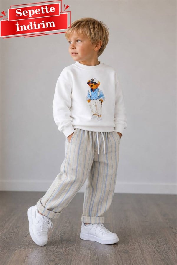 Erkek Çocuk 2 İplik Pantolon Keten Teddy Krem Takım
