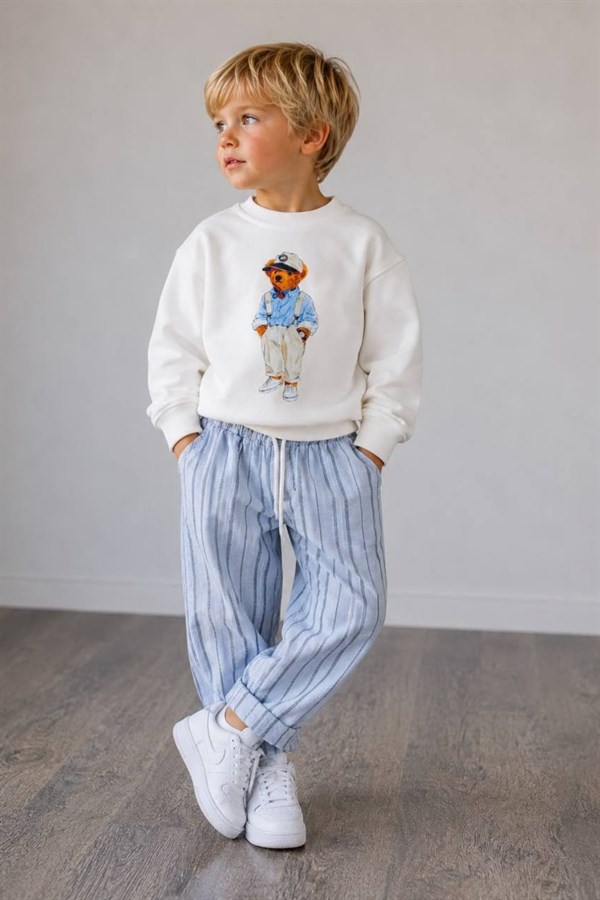 Erkek Çocuk 2 İplik Pantolon Keten Teddy Mavi Takım