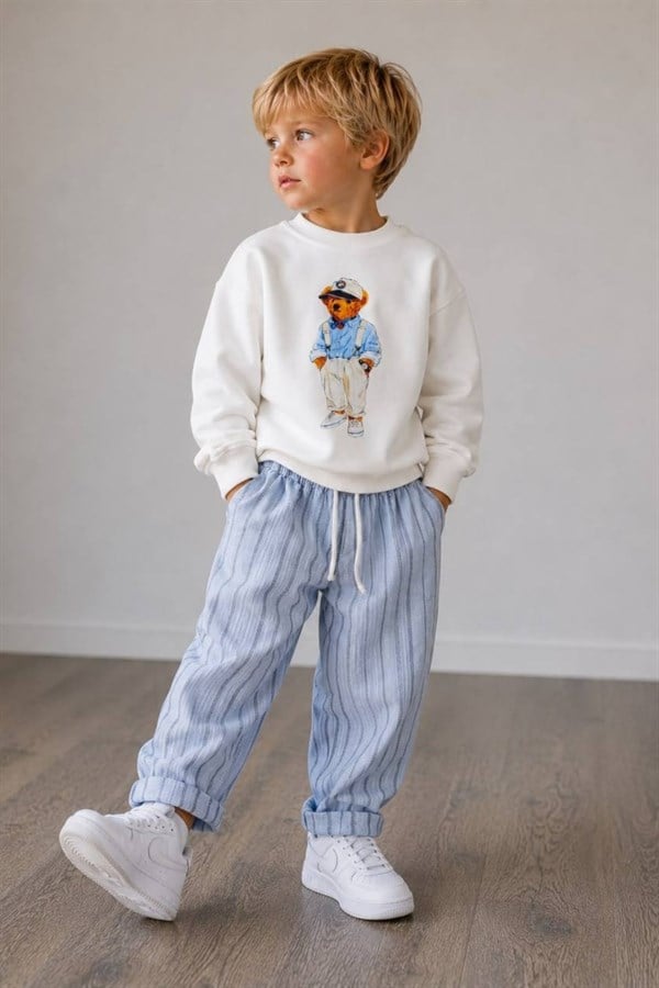 Erkek Çocuk 2 İplik Pantolon Keten Teddy Mavi Takım