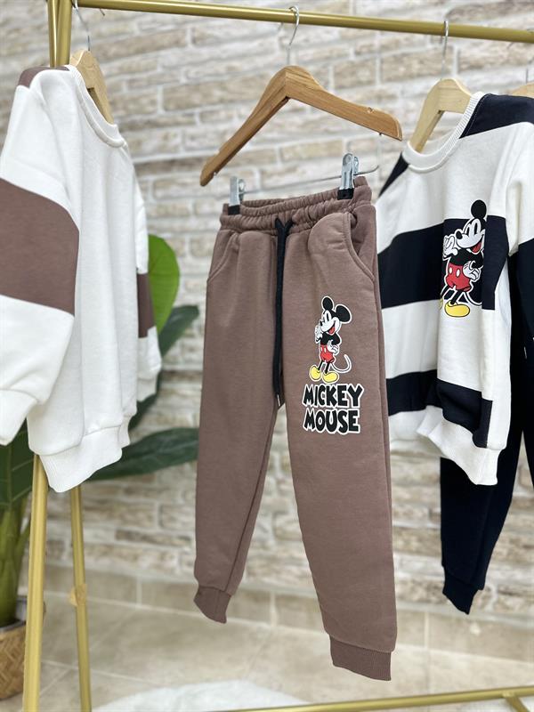 Erkek Çocuk 3 İplik Çizgili Kahve Mickey Takım