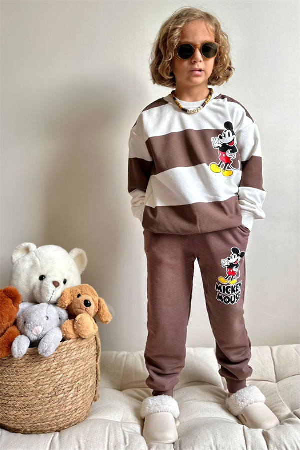 Erkek Çocuk 3 İplik Çizgili Kahve Mickey Takım