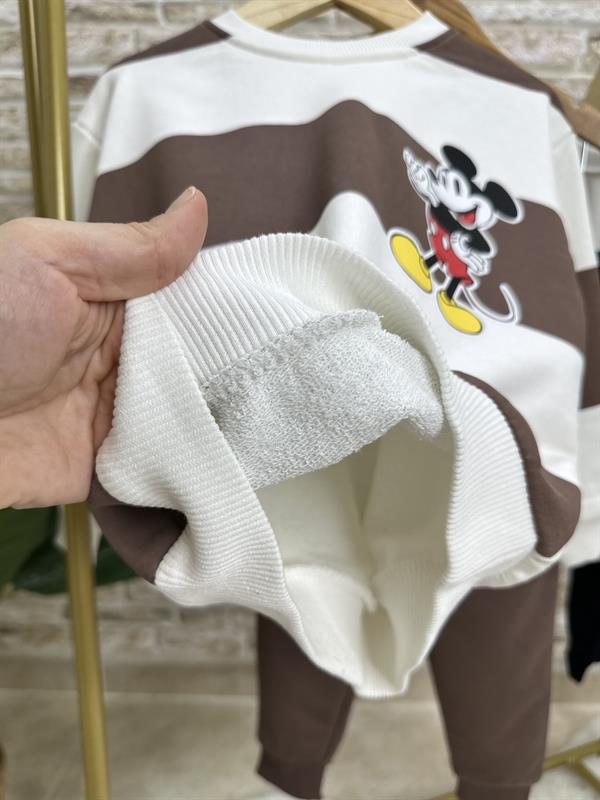 Erkek Çocuk 3 İplik Çizgili Kahve Mickey Takım