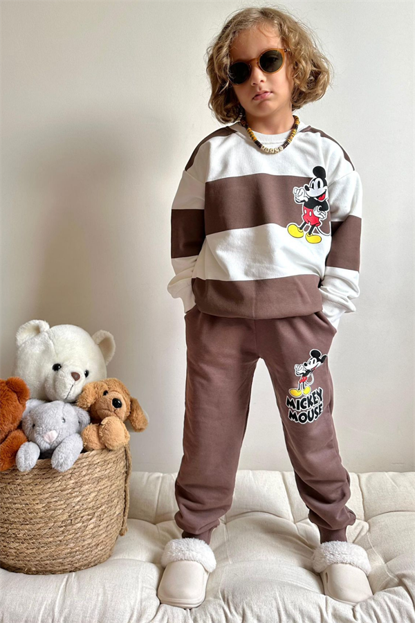 Erkek Çocuk 3 İplik Çizgili Kahve Mickey Takım