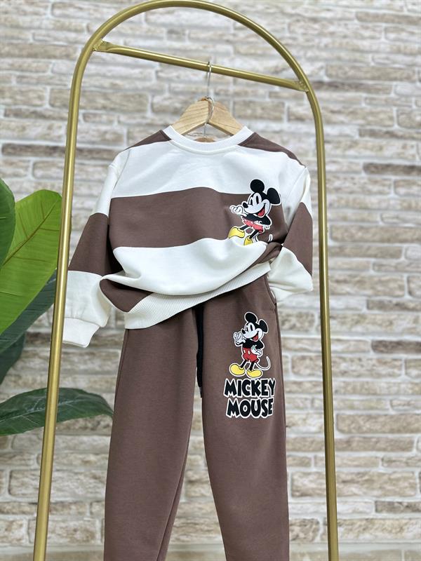 Erkek Çocuk 3 İplik Çizgili Kahve Mickey Takım