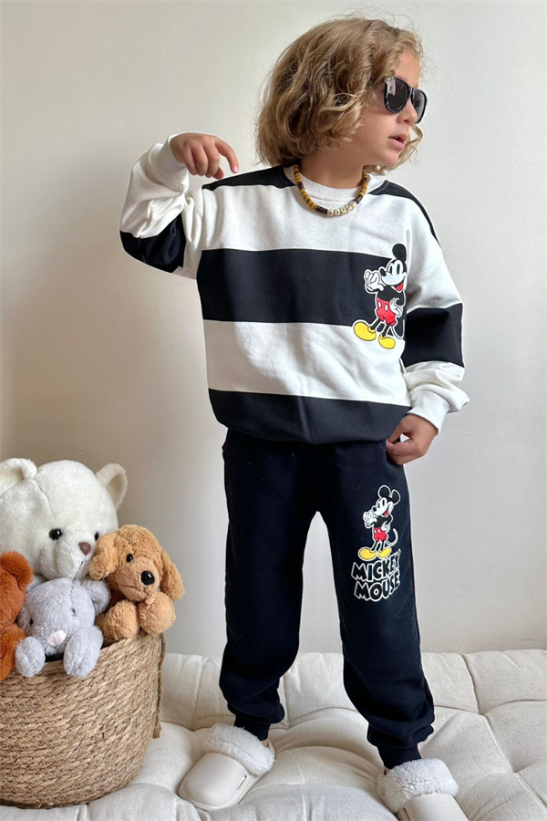 Erkek Çocuk 3 İplik Çizgili Siyah Mickey Takım