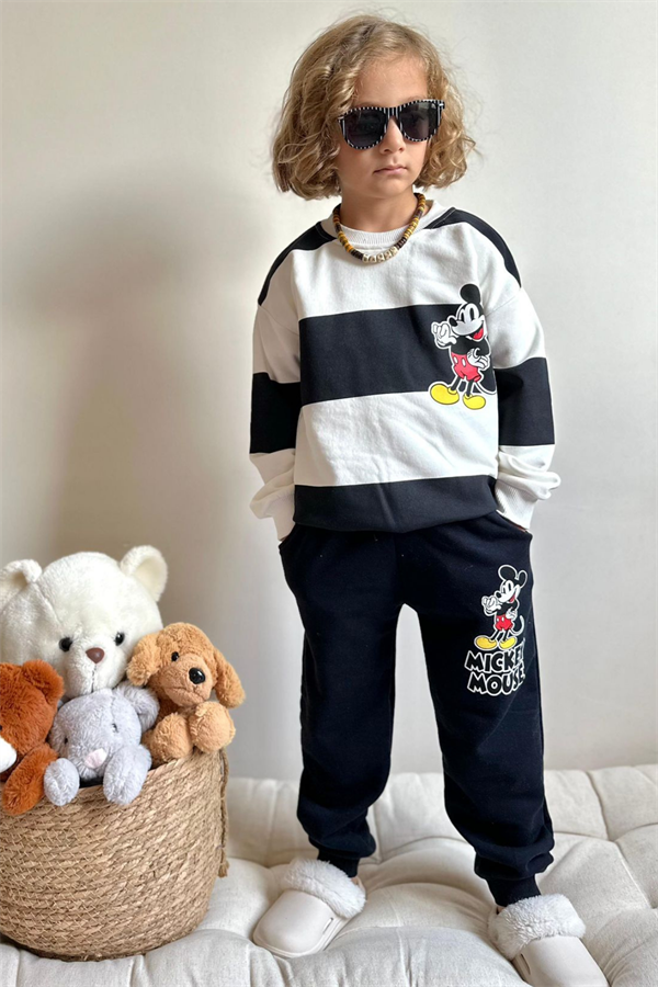 Erkek Çocuk 3 İplik Çizgili Siyah Mickey Takım