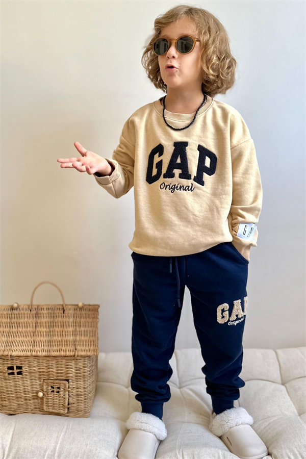 Erkek Çocuk 3 İplik Süzene Nakışlı Bej Laci Gap Takım