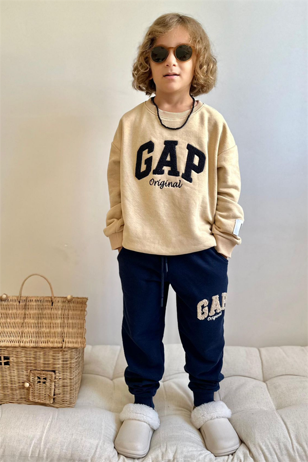 Erkek Çocuk 3 İplik Süzene Nakışlı Bej Laci Gap Takım