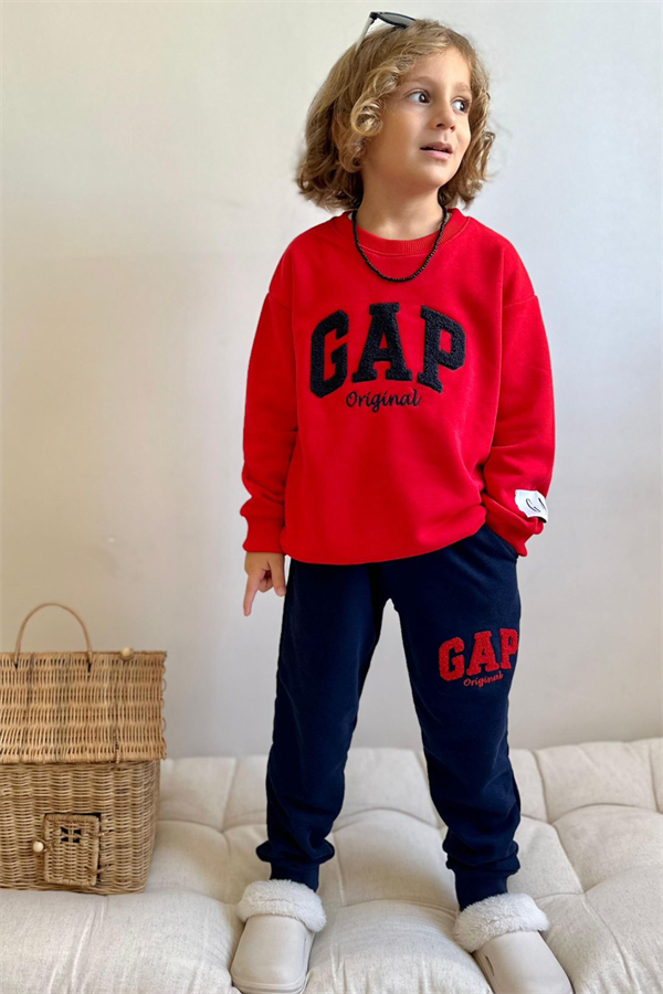 Erkek Çocuk 3 İplik Süzene Nakışlı Kırmızı Laci Gap Takım