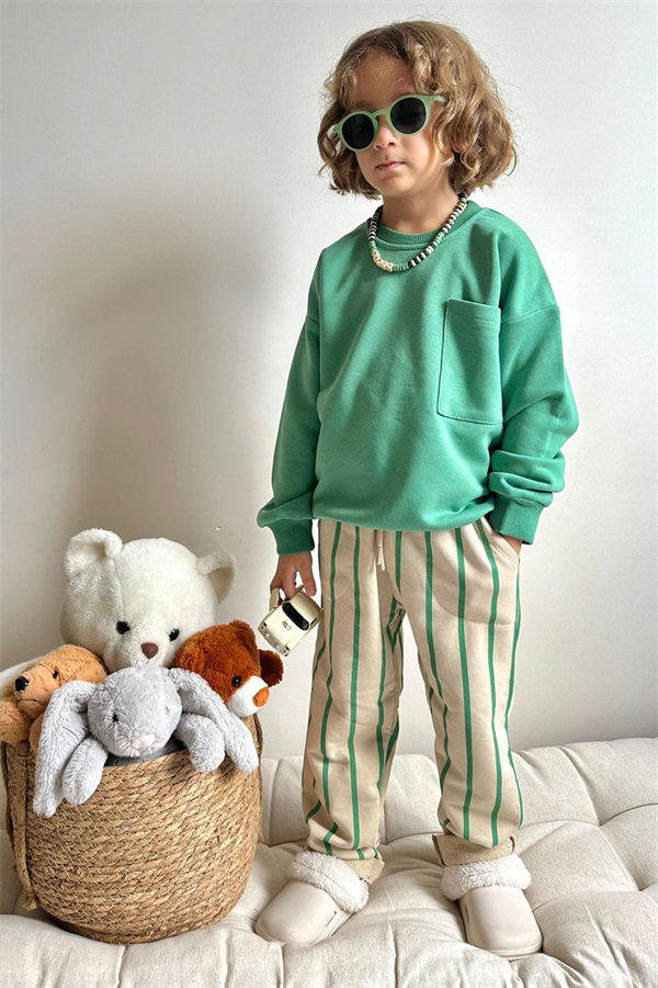 Erkek Çocuk 3 İplik Yeşil Çizgili Takım