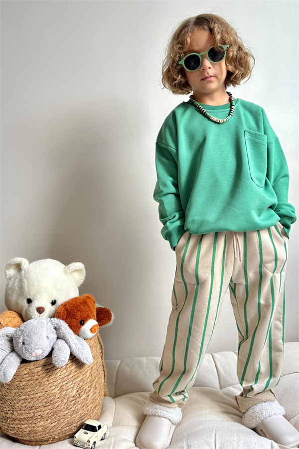 Erkek Çocuk 3 İplik Yeşil Çizgili Takım
