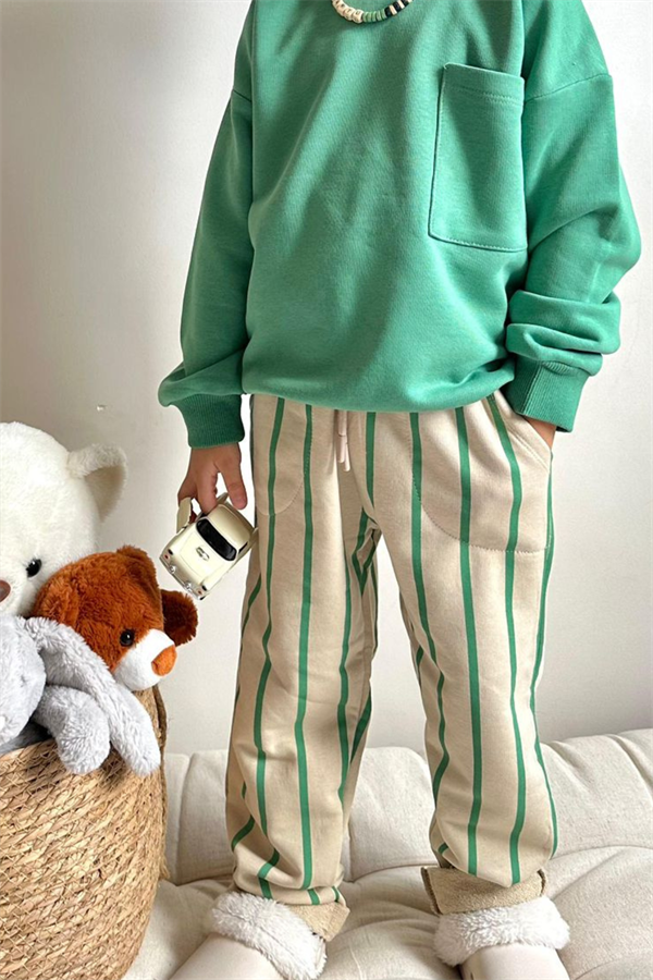 Erkek Çocuk 3 İplik Yeşil Çizgili Takım