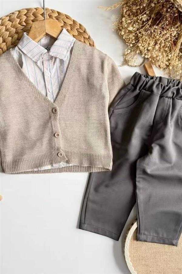 Erkek Çocuk 3 Parça Hırkalı Gömlek Pantolon Krem Takım