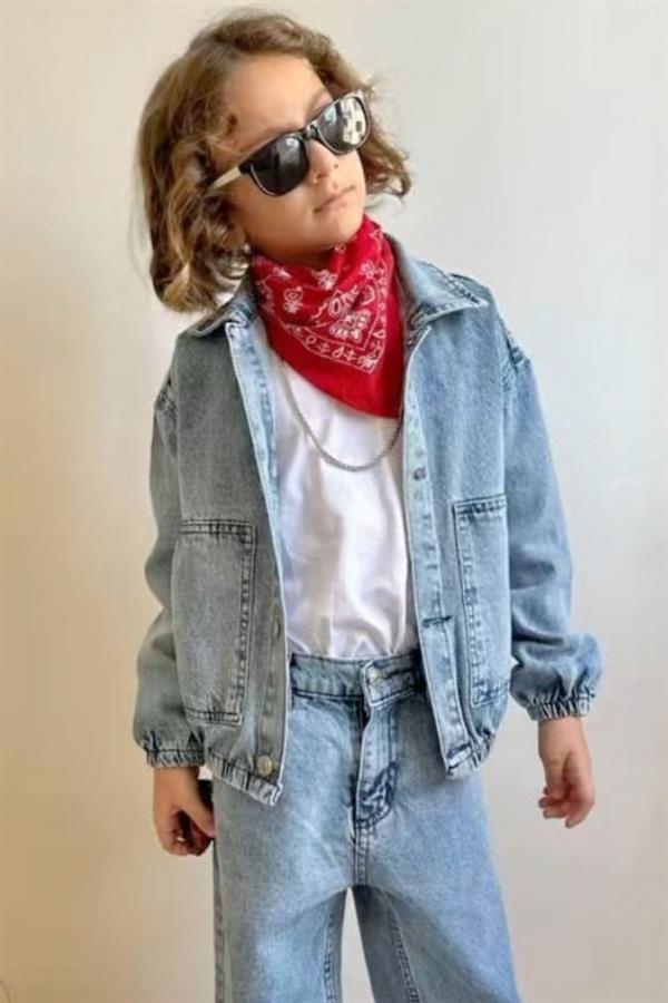 Erkek Çocuk 3 Parça Tshirt Dahil Nakışlı Denim Takım