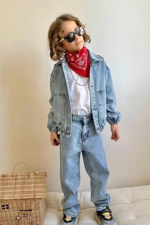 Erkek Çocuk 3 Parça Tshirt Dahil Nakışlı Denim Takım