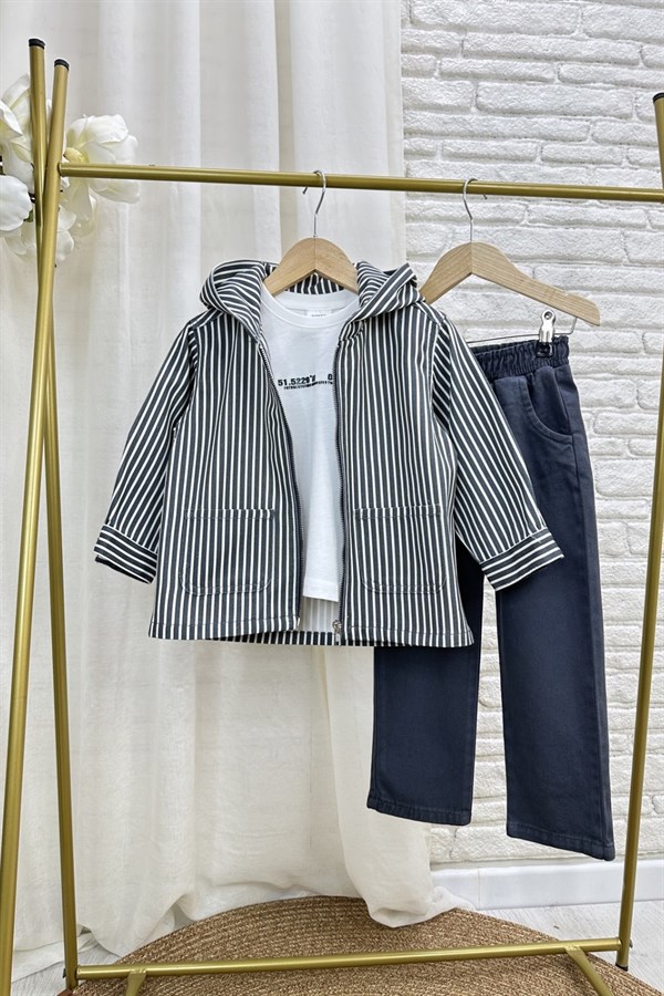 Erkek Çocuk 3lü Tshirt Dahil Füme Çizgili Denim Takım