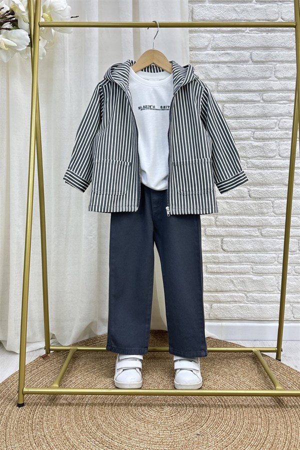Erkek Çocuk 3lü Tshirt Dahil Füme Çizgili Denim Takım