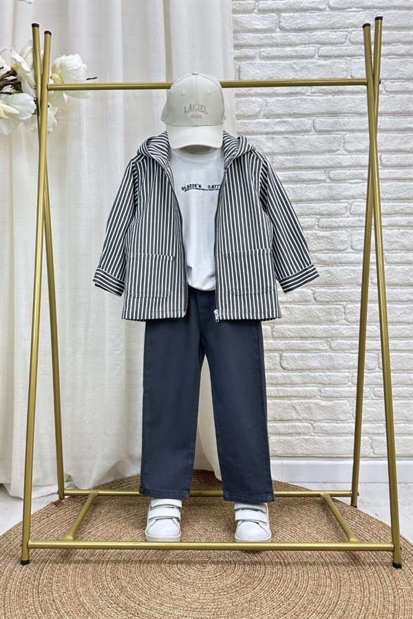 Erkek Çocuk 3lü Tshirt Dahil Füme Çizgili Denim Takım