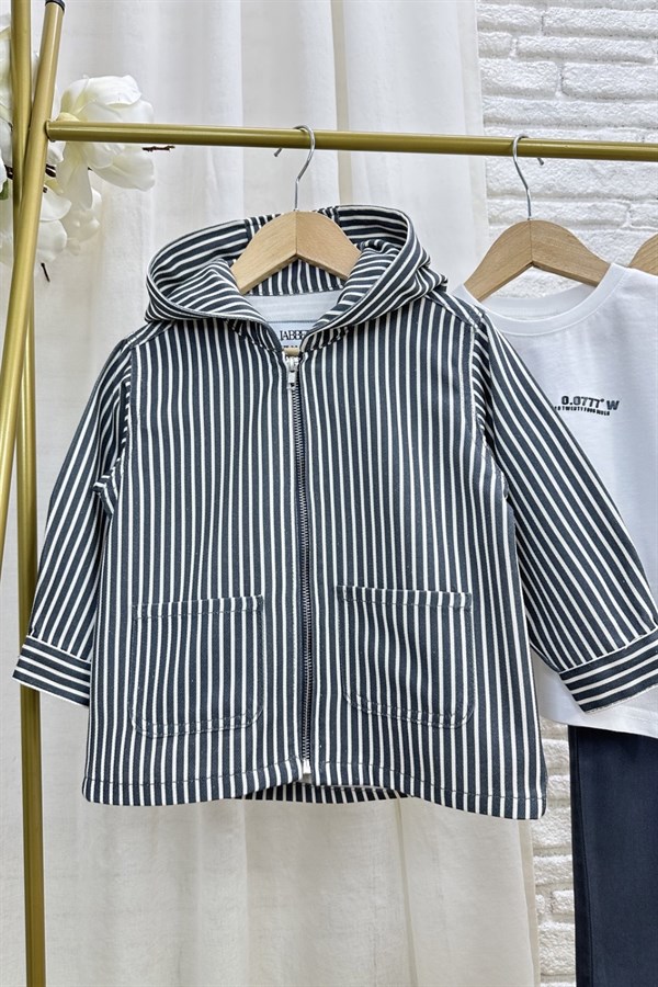 Erkek Çocuk 3lü Tshirt Dahil Füme Çizgili Denim Takım