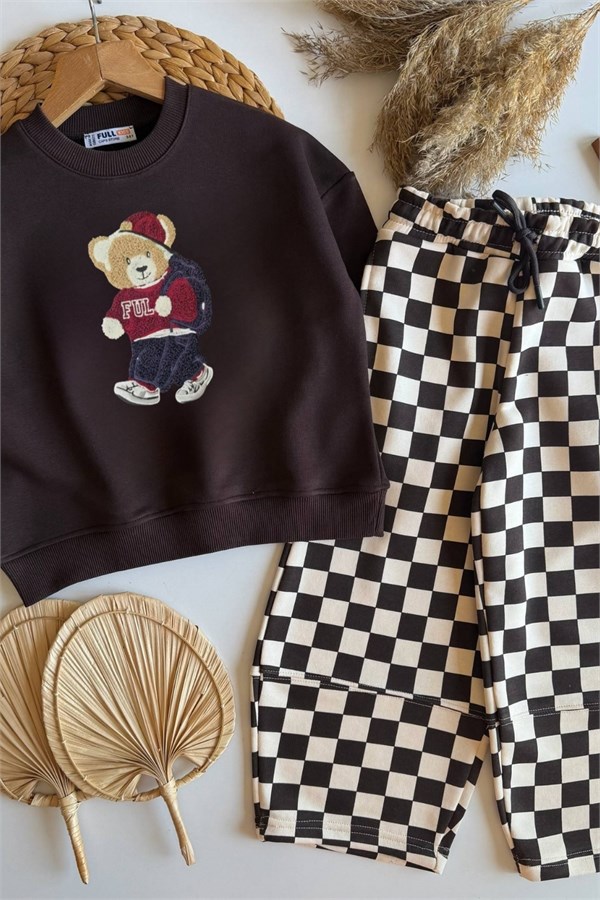Erkek Çocuk Bear Baskı Kareli Kahve Takım