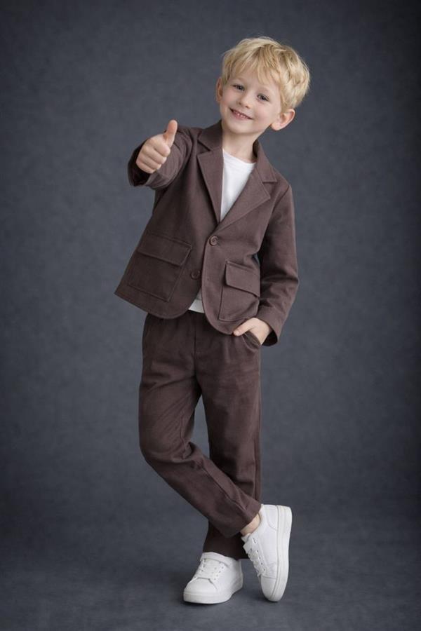 Erkek Çocuk Blazer Keten Kahve Takım