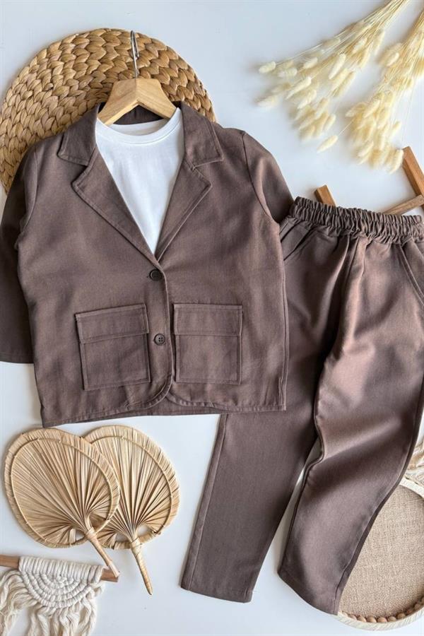 Erkek Çocuk Blazer Keten Kahve Takım