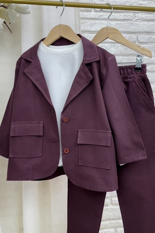 Erkek Çocuk Blazer Keten Mürdüm Takım