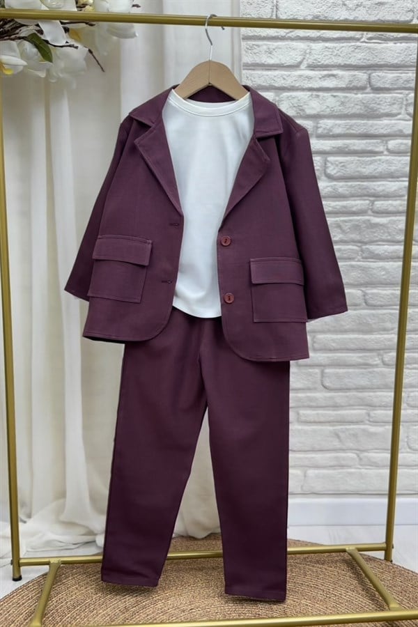 Erkek Çocuk Blazer Keten Mürdüm Takım