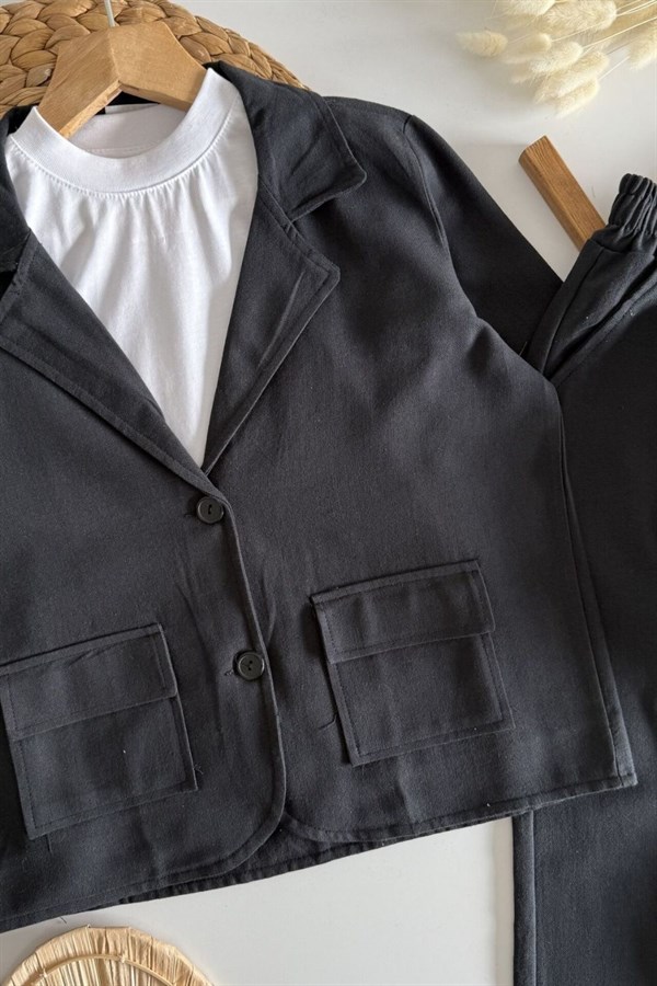 Erkek Çocuk Blazer Keten Siyah Takım