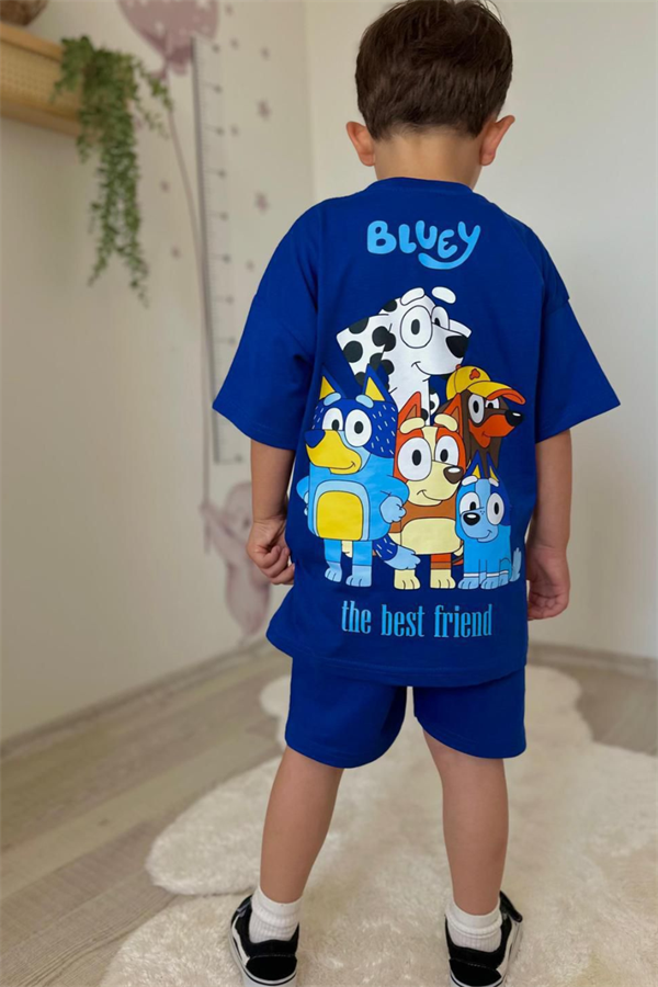 Erkek Çocuk Bluey Saks Şortlu Yaz Takım