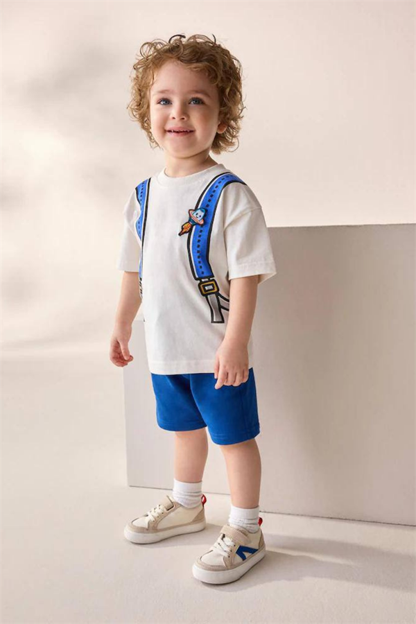 Erkek Çocuk Çanta Baskı Şortlu Saks Takım